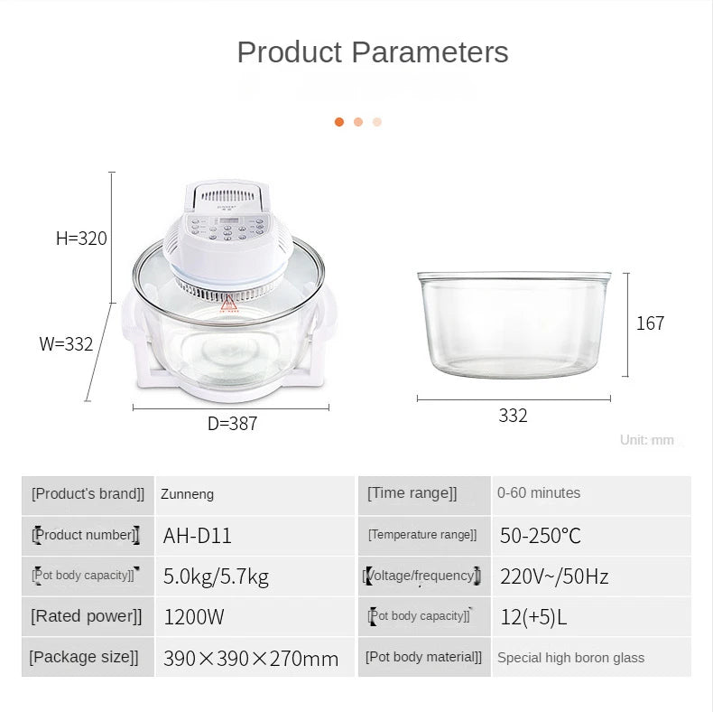 Household Oil-free Air fryer 12L smart visual glass lightwave oven multi-function electric fryer oven air oven