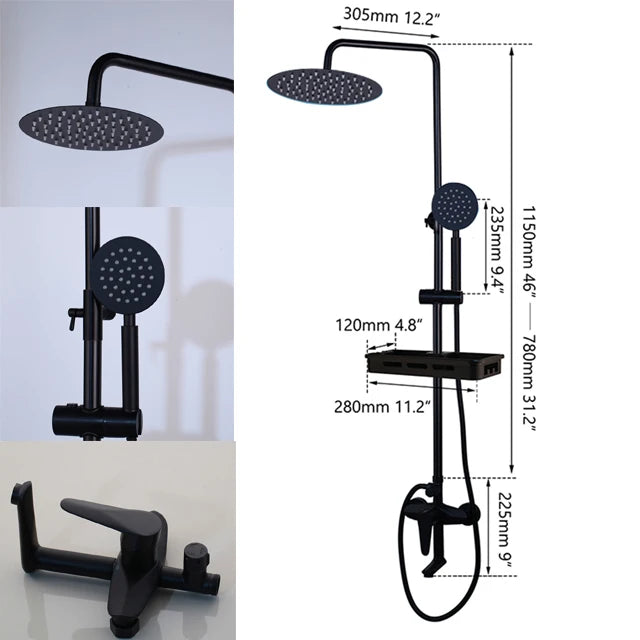 KEMAIDI Matte Black Rainfall Shower Faucet Set Single Lever Bathtub Shower Systerm with Shower Shelf Hot Cold Water Mixer Faucet
