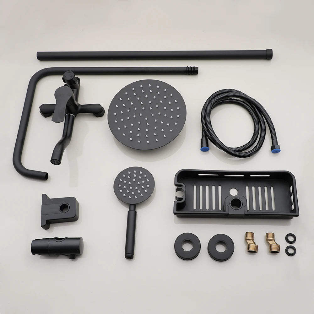KEMAIDI Matte Black Rainfall Shower Faucet Set Single Lever Bathtub Shower Systerm with Shower Shelf Hot Cold Water Mixer Faucet