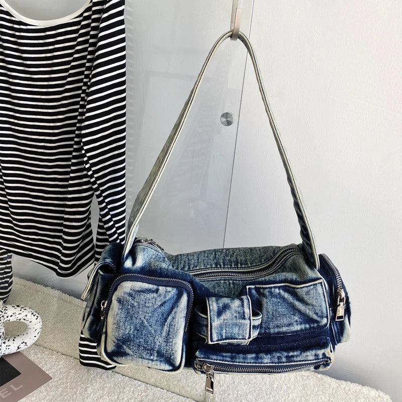 Moto & Biker Denim Bags For Women Luxury Designer Handbags Purses 2024 New In Y2K Multiple Pockets Washing Cloth Armpit Shoulder