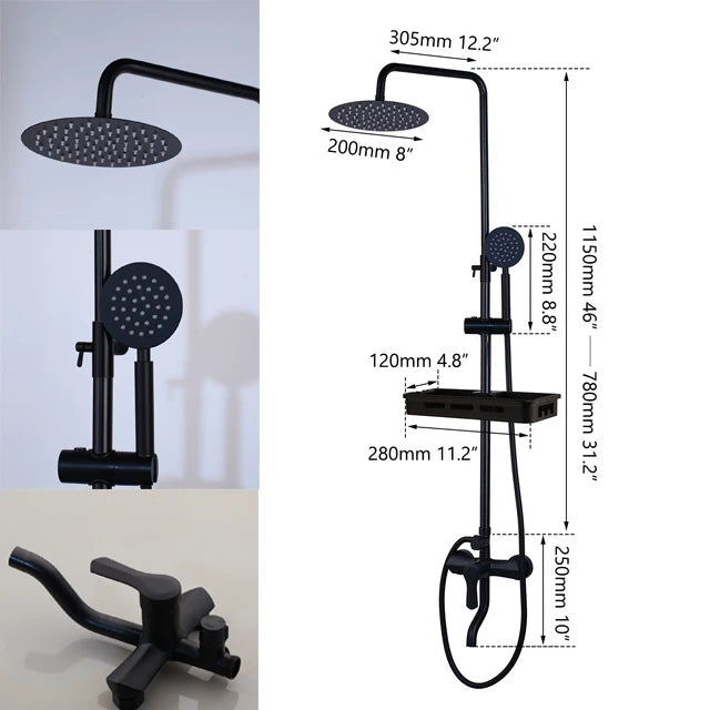 KEMAIDI Matte Black Rainfall Shower Faucet Set Single Lever Bathtub Shower Systerm with Shower Shelf Hot Cold Water Mixer Faucet