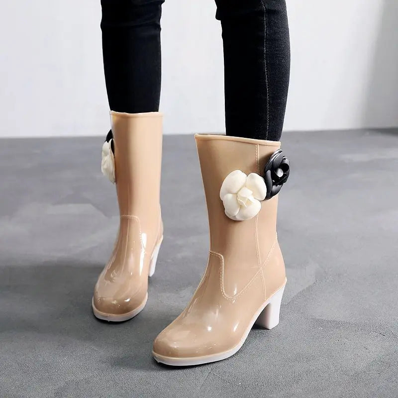New Women's Rain Boots Camellia Decoration 2024 Fashion Outdoor White Long Tube Waterproof Non-slip Rain Boot Cover Saliva Shoes