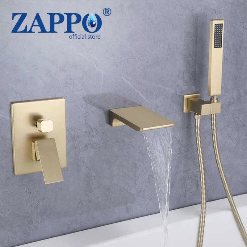 ZAPPO Brushed Gold Bathroom Bathtub Shower Set Waterfall Mixer Tap Wall Mount Solid Brass Shower Systerm w/Handheld Shower Head