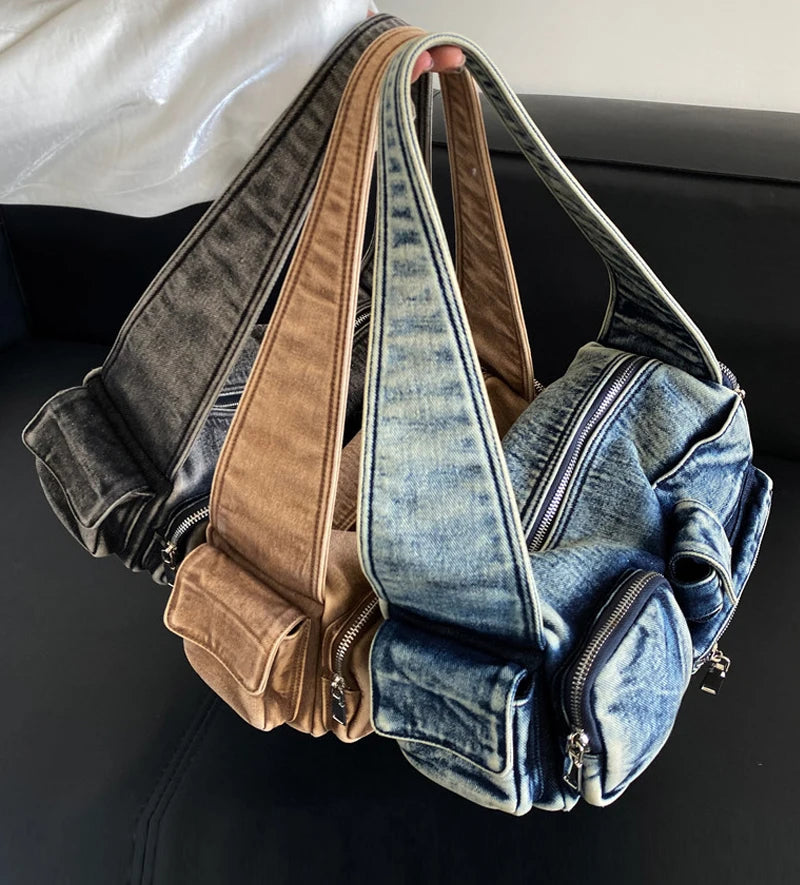 Moto & Biker Denim Bags For Women Luxury Designer Handbags Purses 2024 New In Y2K Multiple Pockets Washing Cloth Armpit Shoulder