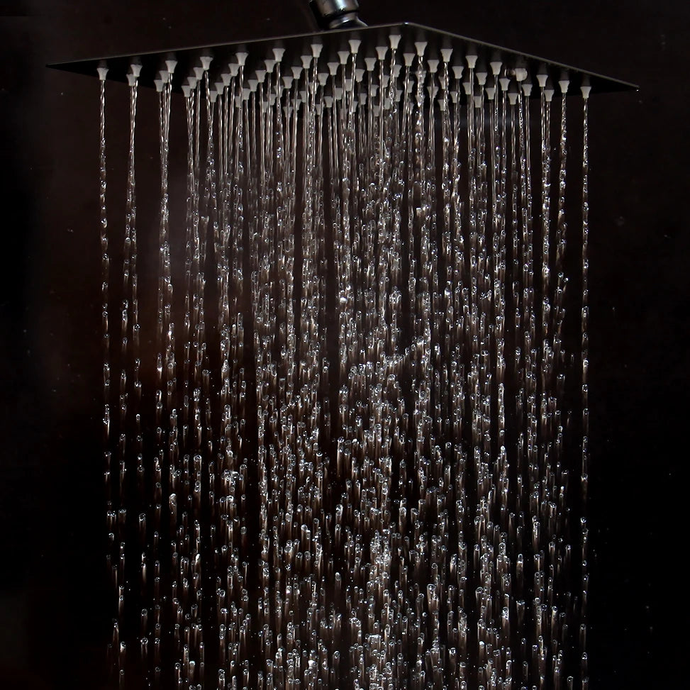 KEMAIDI Matte Black Rainfall Shower Faucet Set Single Lever Bathtub Shower Systerm with Shower Shelf Hot Cold Water Mixer Faucet