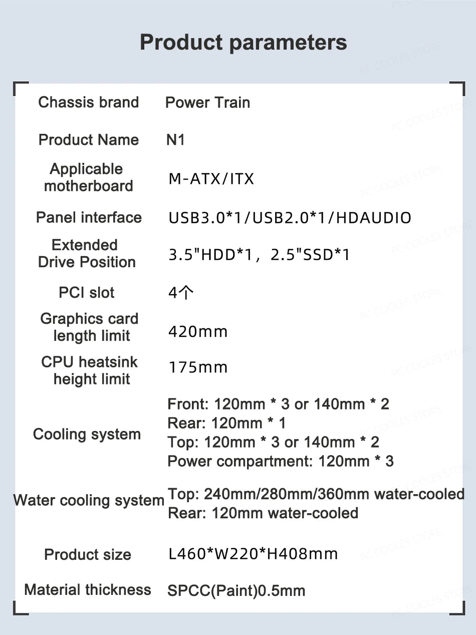 Power Train N1 MATX Desktop Case Vertical Glass Side Transparent Host Shell Support 360 Water-Cooled 420MM Graphics Card