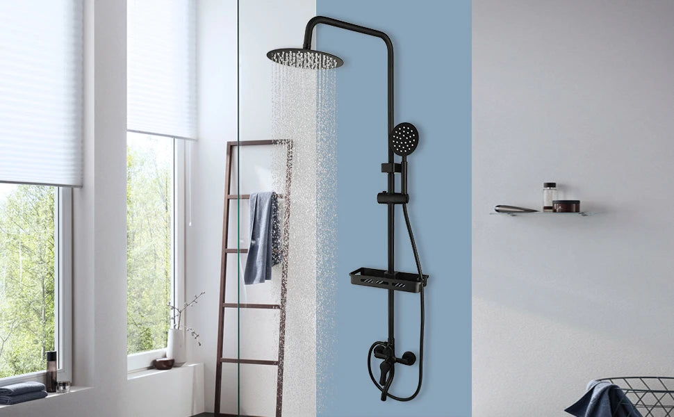 KEMAIDI Matte Black Rainfall Shower Faucet Set Single Lever Bathtub Shower Systerm with Shower Shelf Hot Cold Water Mixer Faucet