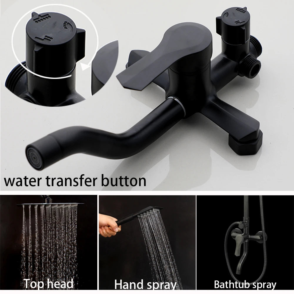 KEMAIDI Matte Black Rainfall Shower Faucet Set Single Lever Bathtub Shower Systerm with Shower Shelf Hot Cold Water Mixer Faucet