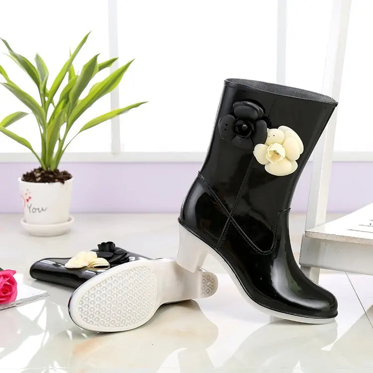 New Women's Rain Boots Camellia Decoration 2024 Fashion Outdoor White Long Tube Waterproof Non-slip Rain Boot Cover Saliva Shoes