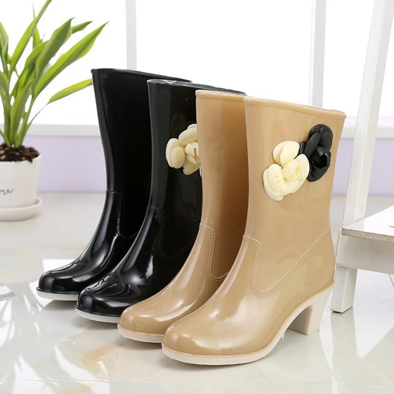 New Women's Rain Boots Camellia Decoration 2024 Fashion Outdoor White Long Tube Waterproof Non-slip Rain Boot Cover Saliva Shoes