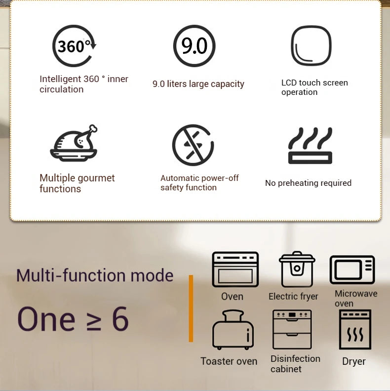 9L Multi functional Home Smart Air Fryer with Large Capacity Touch Screen Reservation Non stick Inner Perspective Oven