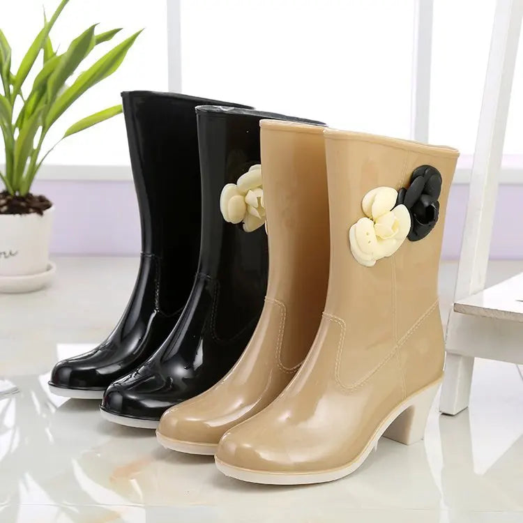 New Women's Rain Boots Camellia Decoration 2024 Fashion Outdoor White Long Tube Waterproof Non-slip Rain Boot Cover Saliva Shoes