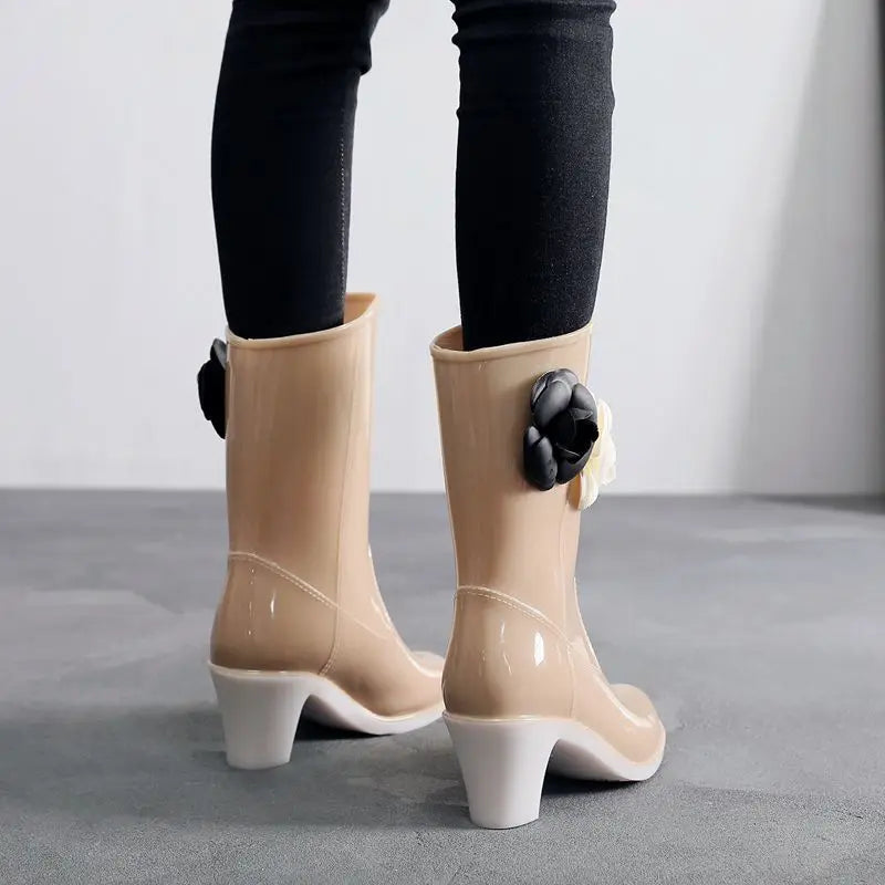 New Women's Rain Boots Camellia Decoration 2024 Fashion Outdoor White Long Tube Waterproof Non-slip Rain Boot Cover Saliva Shoes