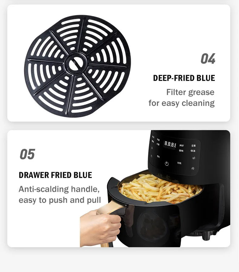 New Air Fryer Household Iarge Capacity French Fries Machine Multifunctional Electric Fryer 6L 1200W