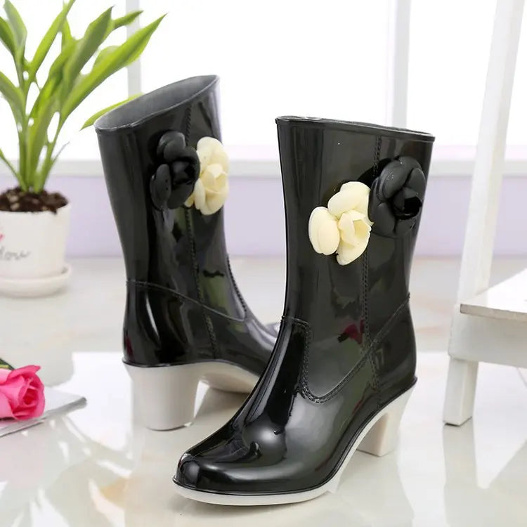 New Women's Rain Boots Camellia Decoration 2024 Fashion Outdoor White Long Tube Waterproof Non-slip Rain Boot Cover Saliva Shoes