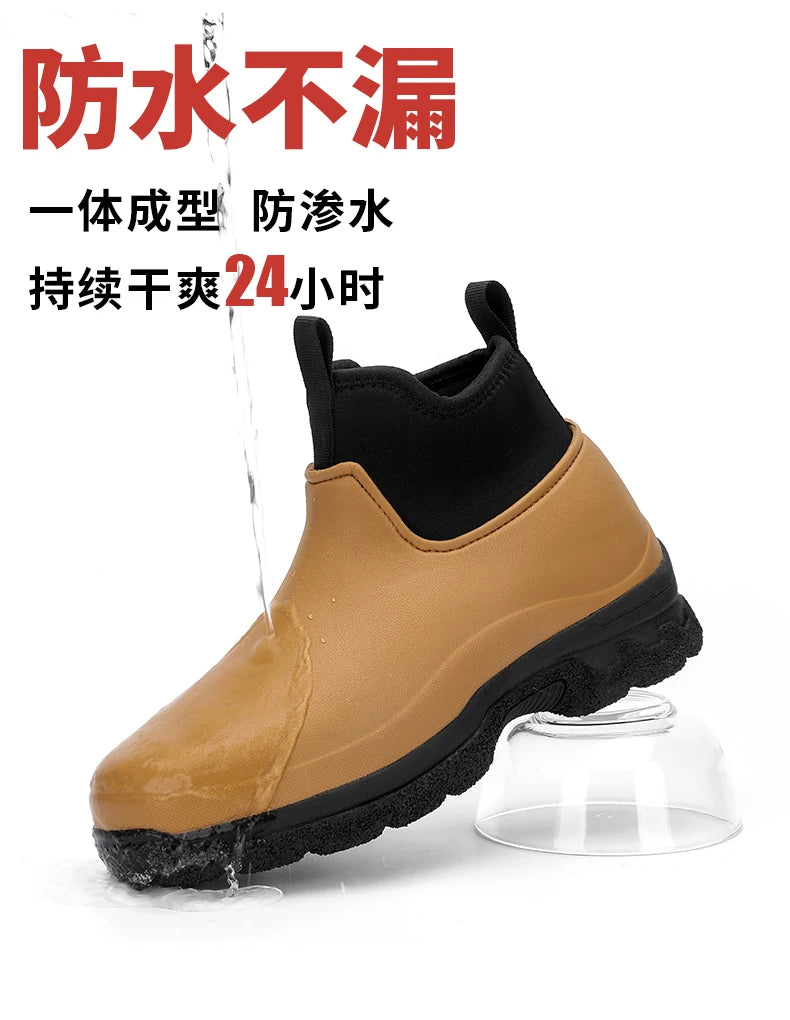 New Outdoor Fashion Versatile Wear resistant and Oil resistant Short Rain Boots for Men's Waterproof and Anti slip Kitchen Shoes