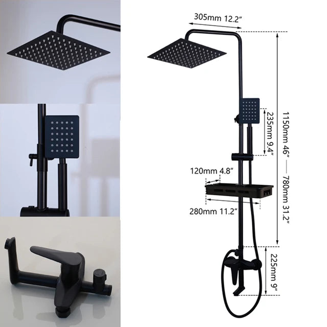 KEMAIDI Matte Black Rainfall Shower Faucet Set Single Lever Bathtub Shower Systerm with Shower Shelf Hot Cold Water Mixer Faucet