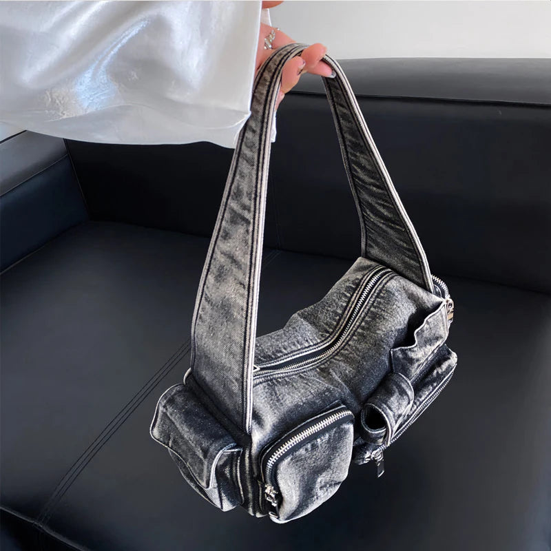 Moto & Biker Denim Bags For Women Luxury Designer Handbags Purses 2024 New In Y2K Multiple Pockets Washing Cloth Armpit Shoulder