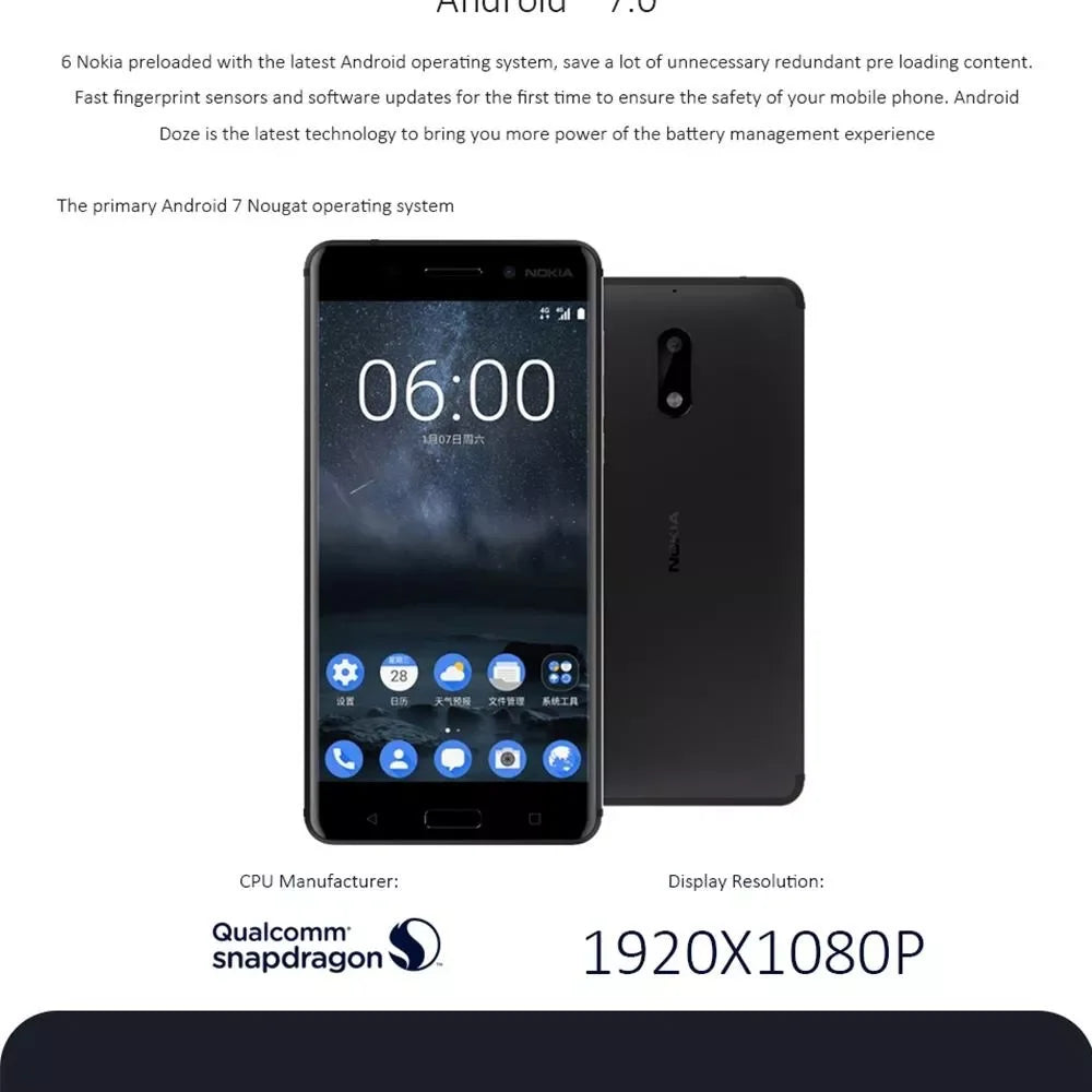 Nokia 6 Smartphone Full Screen Dual SIM 4G Black 4+64G Senior Phone Nokia 6 Cheap Phone Used Phone