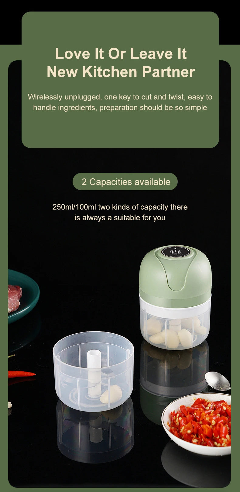 100/250ml Electric Garlic Masher Machine Mini USB charging Food Processor for Nuts Vegetable BlackPepper Chili Kitchen Tools