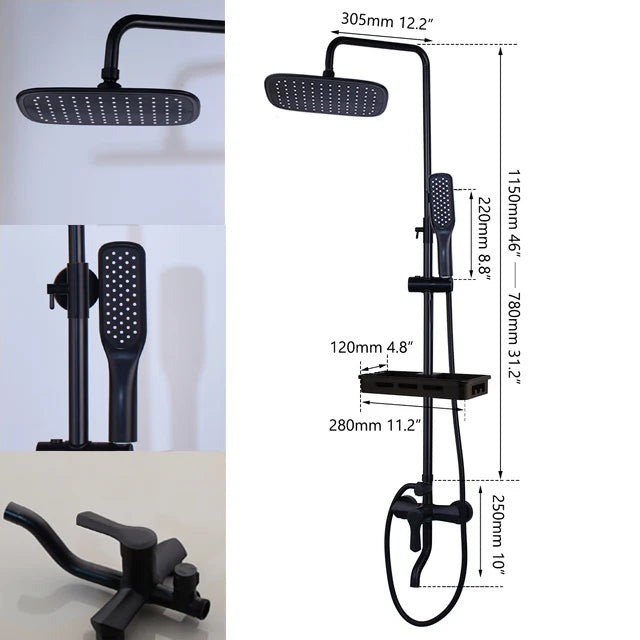 KEMAIDI Matte Black Rainfall Shower Faucet Set Single Lever Bathtub Shower Systerm with Shower Shelf Hot Cold Water Mixer Faucet