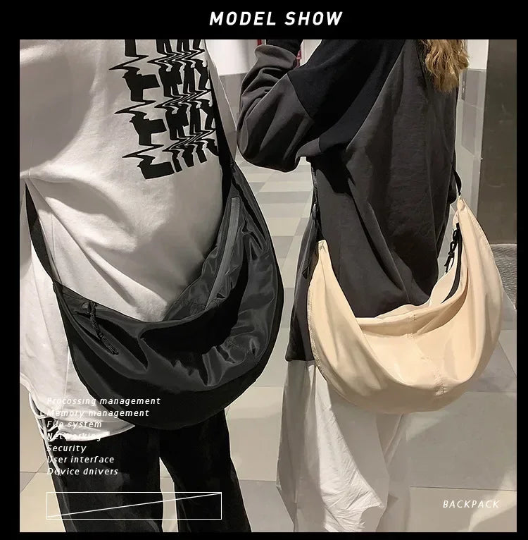 Crossbody Bags Men Solid Color Large Capacity Hobos Unisex Harajuku Japanese Style Nylon Waterproof Travel Shoulder Zipper Purse