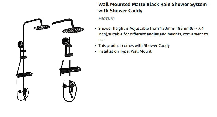 KEMAIDI Matte Black Rainfall Shower Faucet Set Single Lever Bathtub Shower Systerm with Shower Shelf Hot Cold Water Mixer Faucet
