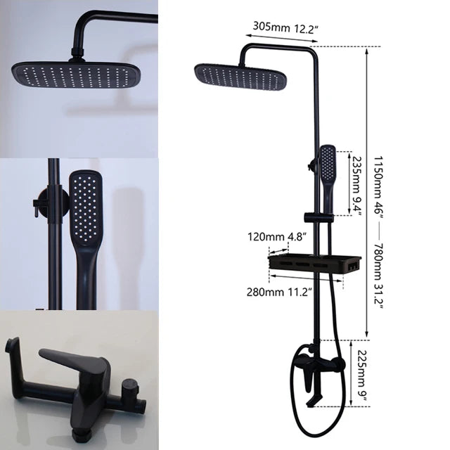 KEMAIDI Matte Black Rainfall Shower Faucet Set Single Lever Bathtub Shower Systerm with Shower Shelf Hot Cold Water Mixer Faucet
