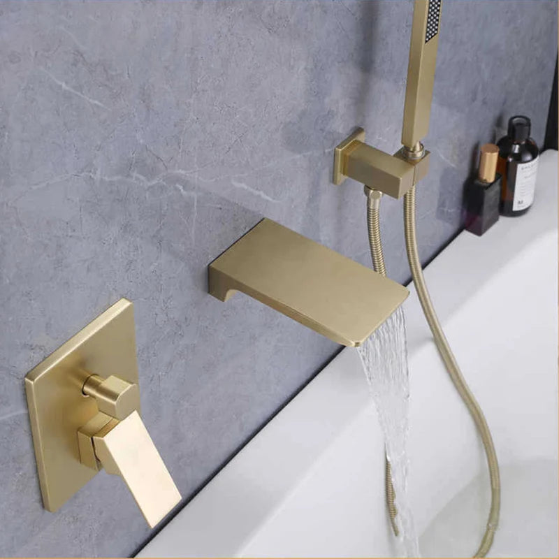 ZAPPO Brushed Gold Bathroom Bathtub Shower Set Waterfall Mixer Tap Wall Mount Solid Brass Shower Systerm w/Handheld Shower Head