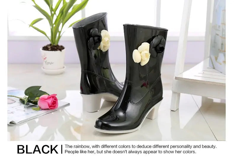 New Women's Rain Boots Camellia Decoration 2024 Fashion Outdoor White Long Tube Waterproof Non-slip Rain Boot Cover Saliva Shoes