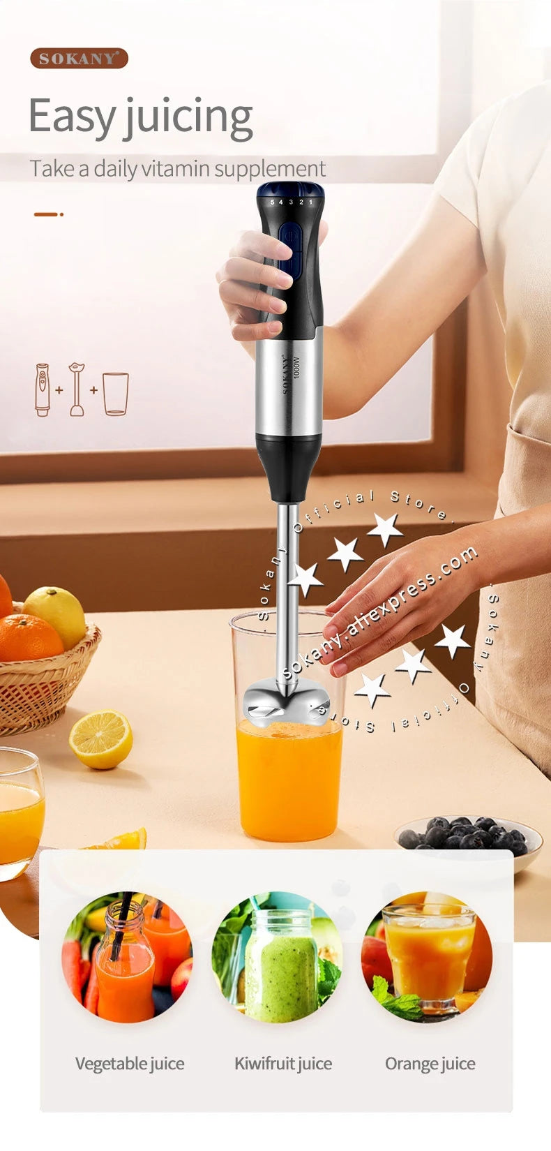 Sokany Powerful 4 in 1 Stick Hand Blender Set Stainless Steel Immersion Chopper Beaker Electric Whisk For Kitchen Baby Food