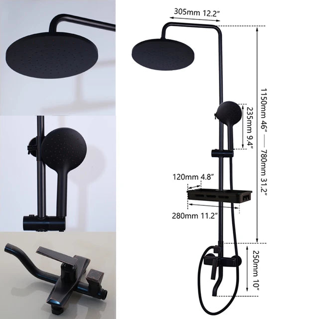 KEMAIDI Matte Black Rainfall Shower Faucet Set Single Lever Bathtub Shower Systerm with Shower Shelf Hot Cold Water Mixer Faucet