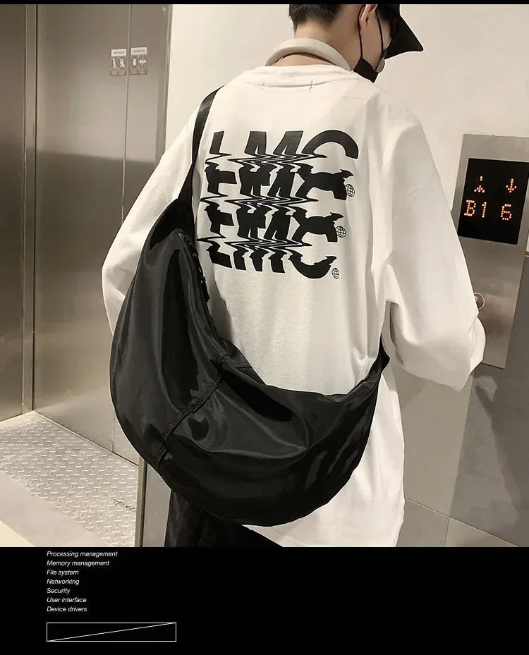 Crossbody Bags Men Solid Color Large Capacity Hobos Unisex Harajuku Japanese Style Nylon Waterproof Travel Shoulder Zipper Purse