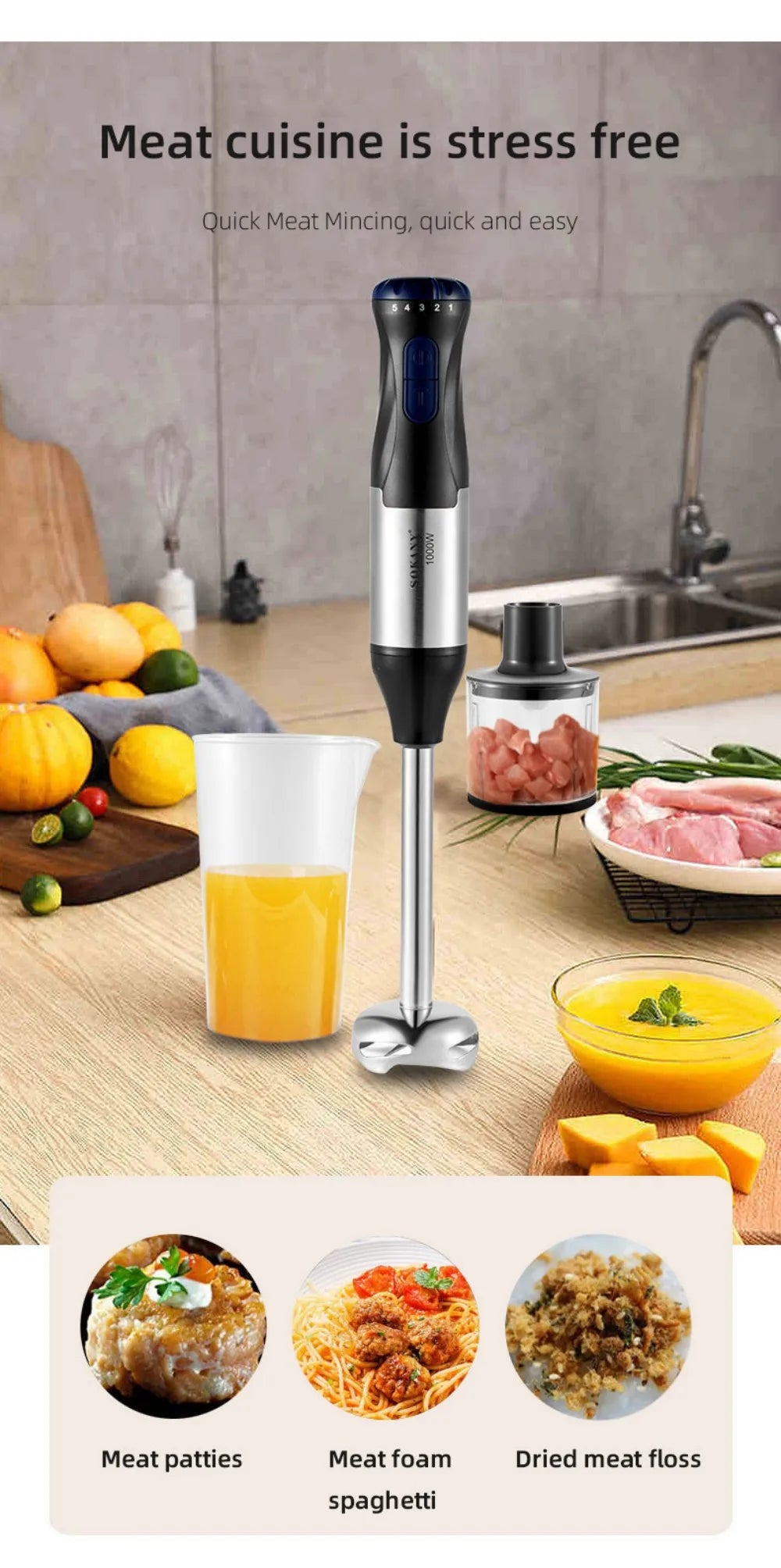 1000W Portable Handheld Electric Blender,4 In 1 Multi-Functional Household Kitchen Electric Mixer,Egg Beater,Food Processors