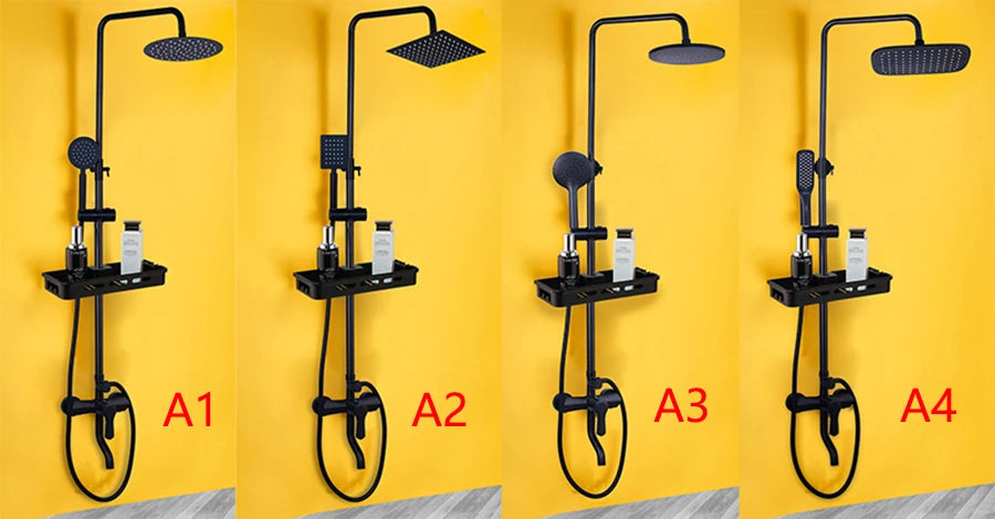 KEMAIDI Matte Black Rainfall Shower Faucet Set Single Lever Bathtub Shower Systerm with Shower Shelf Hot Cold Water Mixer Faucet