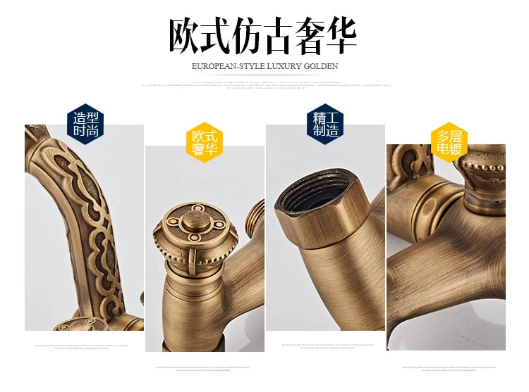 Antique Brass Bathtub Shower Faucets Set Wall Mounted Bath Shower Set Swivel Tub Spout Bath Shower Dual Control Carved Mixer Tap