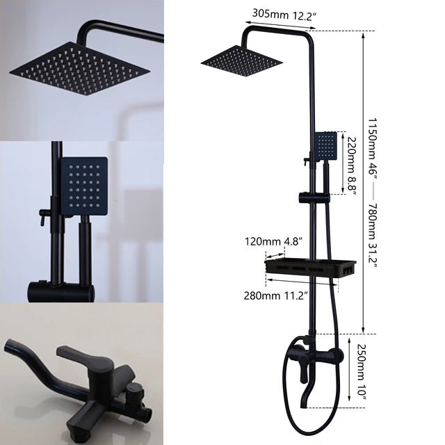 KEMAIDI Matte Black Rainfall Shower Faucet Set Single Lever Bathtub Shower Systerm with Shower Shelf Hot Cold Water Mixer Faucet