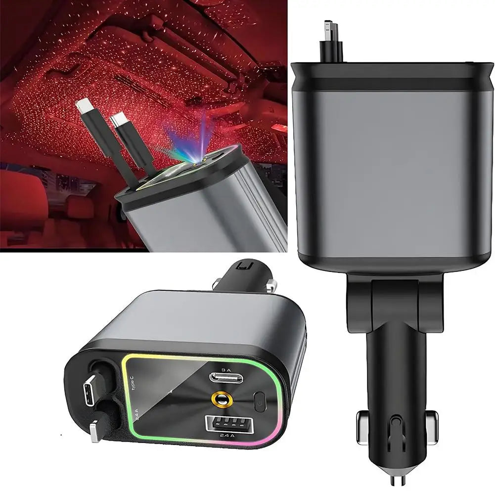 4 In 1 Retractable Car Charger Starlight In Car Roof 100w USB Type C Ports Super Fast Car Phone Charger Car Adapter For Iphone