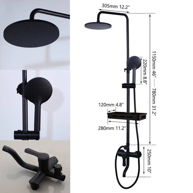 KEMAIDI Matte Black Rainfall Shower Faucet Set Single Lever Bathtub Shower Systerm with Shower Shelf Hot Cold Water Mixer Faucet