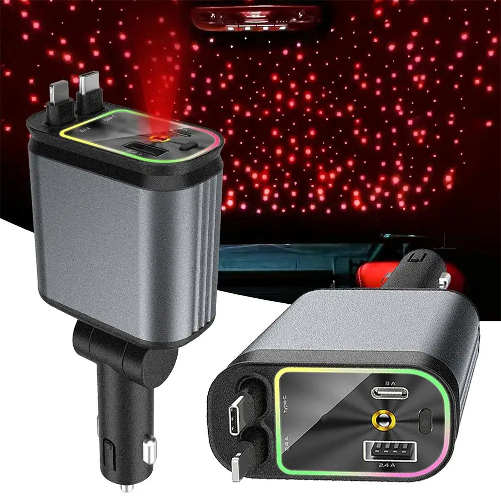 4 In 1 Retractable Car Charger Starlight In Car Roof 100w USB Type C Ports Super Fast Car Phone Charger Car Adapter For Iphone