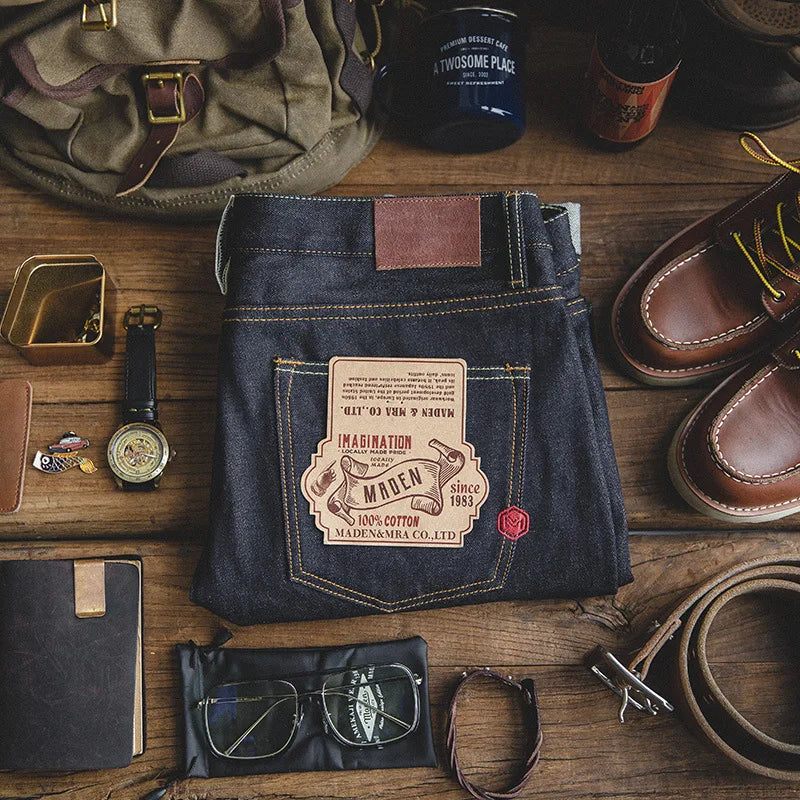 Maden Vintage 14.5oz Selvedge Raw Denim Jeans with YKK Zipper Fly Embroidery Straight Jeans Classic Men's Autumn Solid Trousers