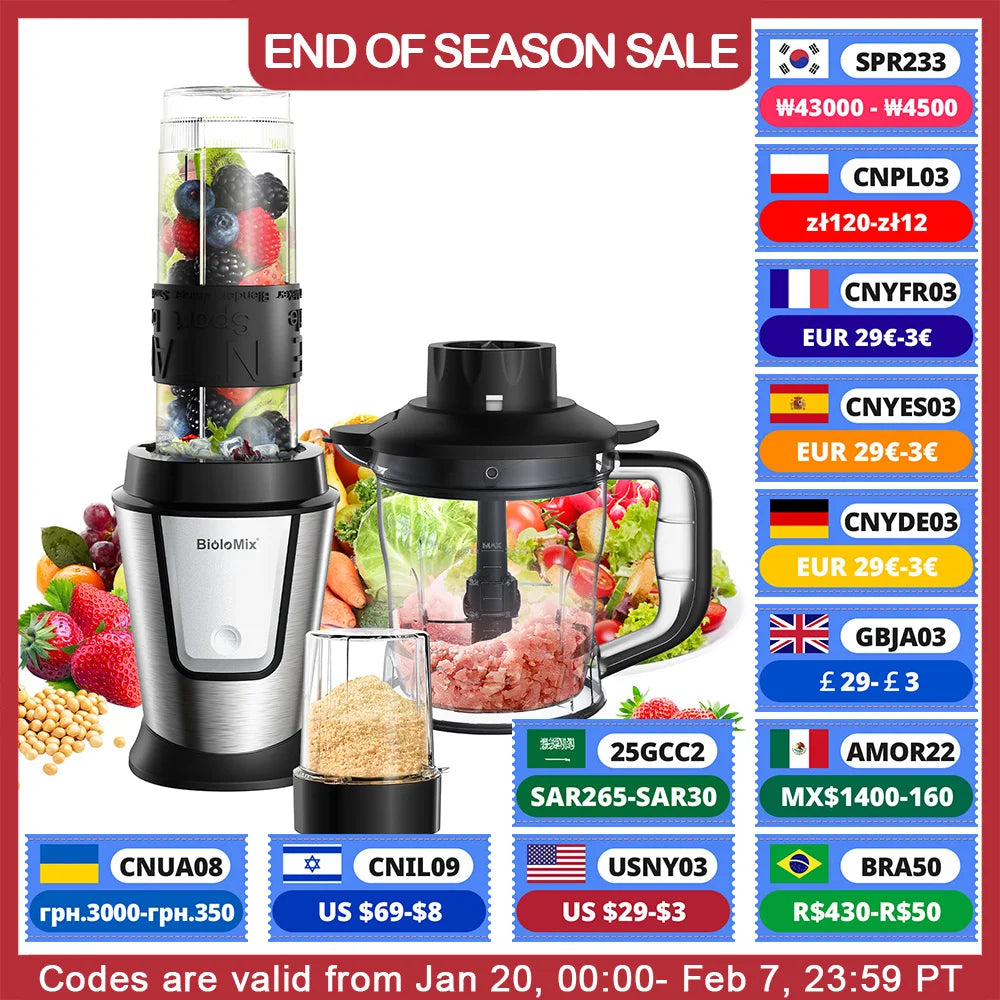BioloMix 3-in-1 Multifunctional Food Processor 700W Portable Juicer Blender Personal Smoothie Mixer Food Chopper and Dry Grinder