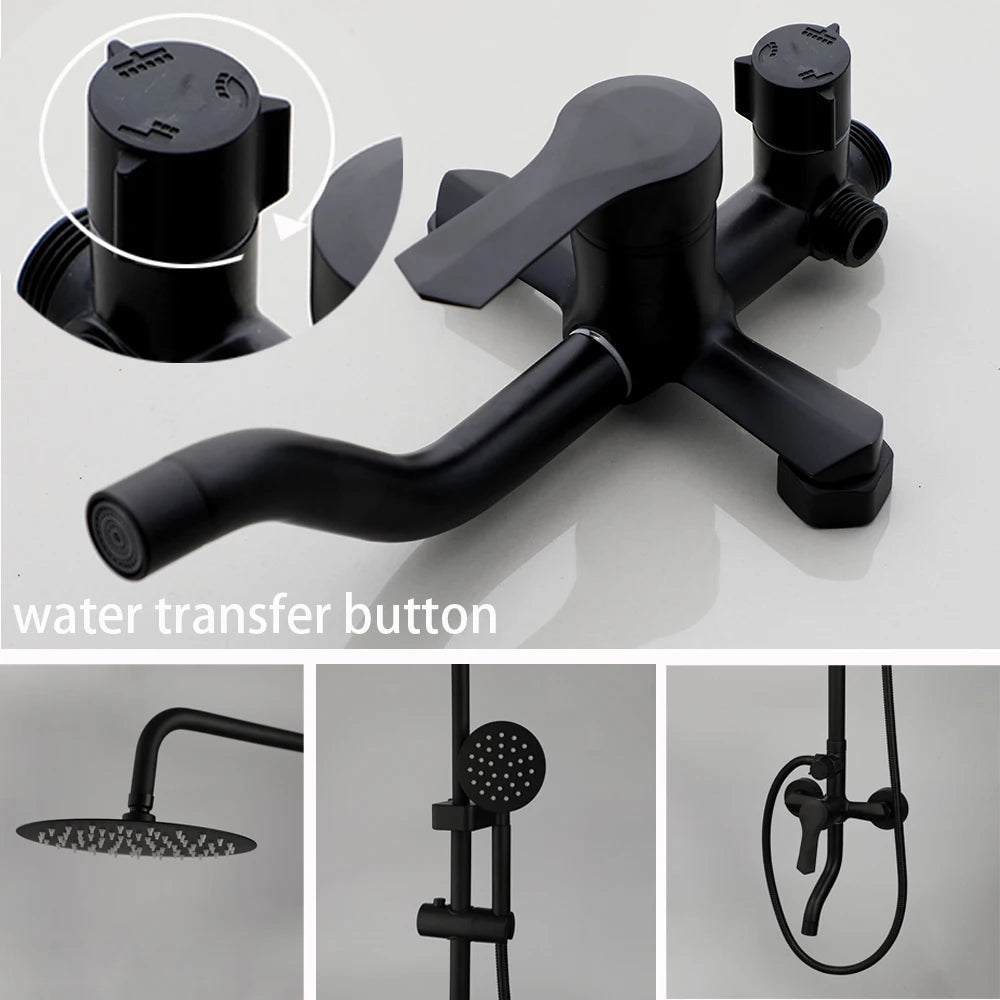 KEMAIDI Matte Black Rainfall Shower Faucet Set Single Lever Bathtub Shower Systerm with Shower Shelf Hot Cold Water Mixer Faucet