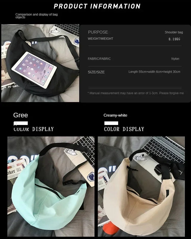 Crossbody Bags Men Solid Color Large Capacity Hobos Unisex Harajuku Japanese Style Nylon Waterproof Travel Shoulder Zipper Purse