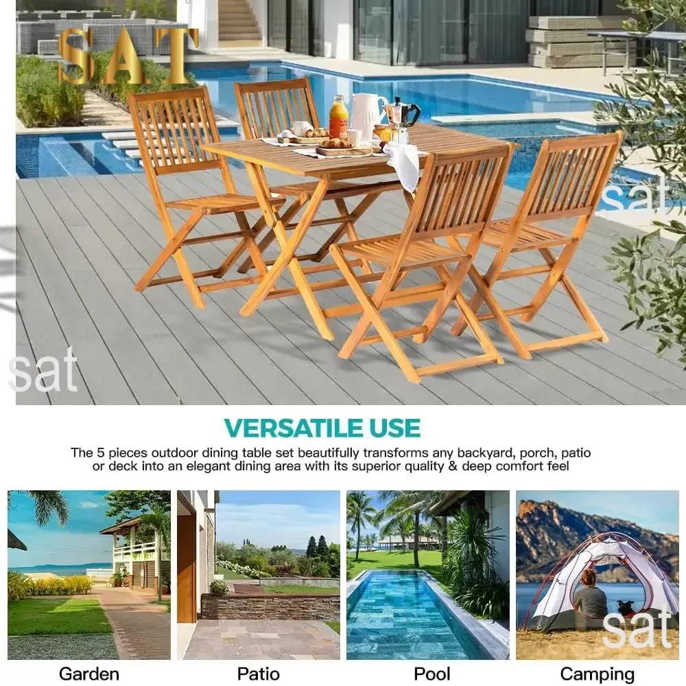 5PCS Acacia Wood Outdoor Dining Set Folding Table with 4 Chairs Patio Garden Furniture Set for Patio, Deck, Yard